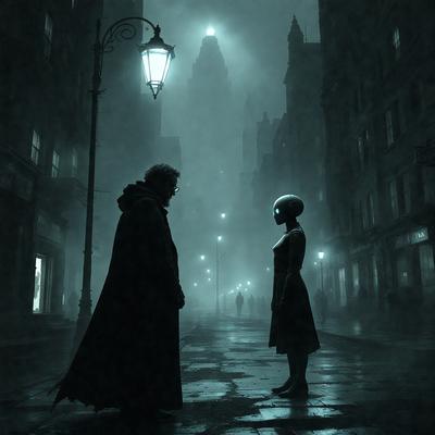 The primary subject of the image is a man and a woman standing on a street at night. The woman is wearing a black dress, and the man is wearing a black coat. The setting is a city street with buildings in the background. The visual style is a black and white illustration, giving the image a classic and dramatic atmosphere. The dominant colors are black and white, with some shades of gray, creating a moody and mysterious mood.